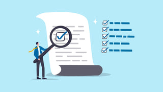 Are Nootropics Legal? - Quick Guide on Global Nootropic Laws. Cartoon of a man wearing a suit jacket and huge magnifying glass examining a massive document with checkmarks indicating legality status.