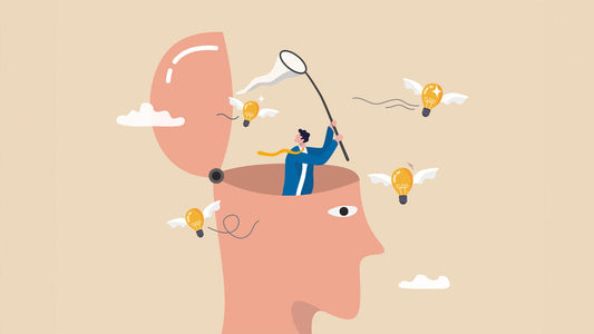 Illustration of the brain generating creative ideas, representing the neuroscience of creativity, brain networks and creative thinking.