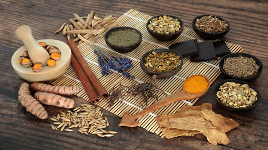 List of adaptogens. Various herbs in small bowls, mortar and pestle.