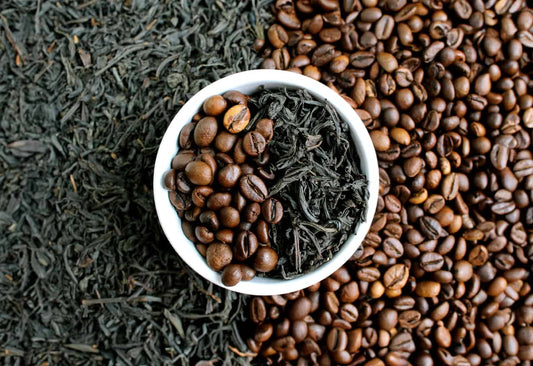 Green tea leaves and roasted coffee beans, sources of the best caffeine and l-theanine stack.