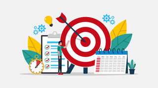 Best Nootropics for Focus. A cartoon illustration shows an arrow hitting a large bullseye surrounded by a calendar, a checklist, a man holding his arm up.