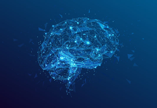 Nootropics for Neurotransmitters - Get Balanced Brainpower. A brain superimposed over a constellation of stars against a blue background.