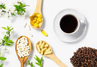 Nootropics vs. Coffee - Get the Best Cognitive Benefits. Brewed coffee, roasted coffee beans and nootropics in spoons. 