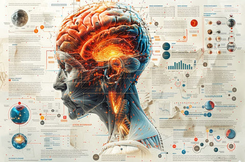 Nootropic Benefits. Anatomical drawing of a human head and brain surrounded by hundreds of callouts demonstrating the many benefits of nootropics.
