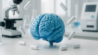 Nootropics that work and don't work according to science. A blue brain sits in a lab surrounded by capsules.