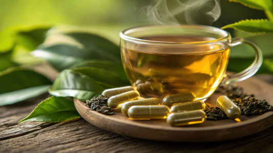 Suntheanine: The Top Choice for Enhanced Focus and Relaxation? A clear mug of green tea is surrounded by L-theanine capsules and dried green tea leaves.