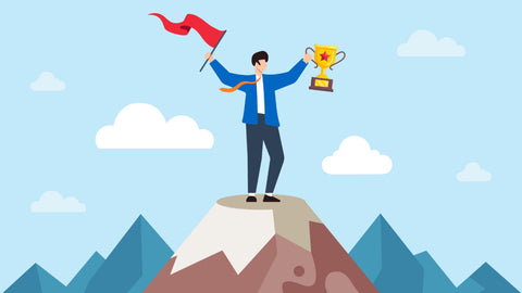 Boost Your Energy with the Best Anti Lazy Pill for Everyday Motivation. Person on mountaintop holds trophy and flag.