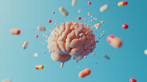 Best vitamins and minerals for brain health in 2025. A brain is suspended against a light blue background surrounded by supplements.