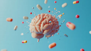 Best vitamins and minerals for brain health in 2025. A brain is suspended against a light blue background surrounded by supplements.