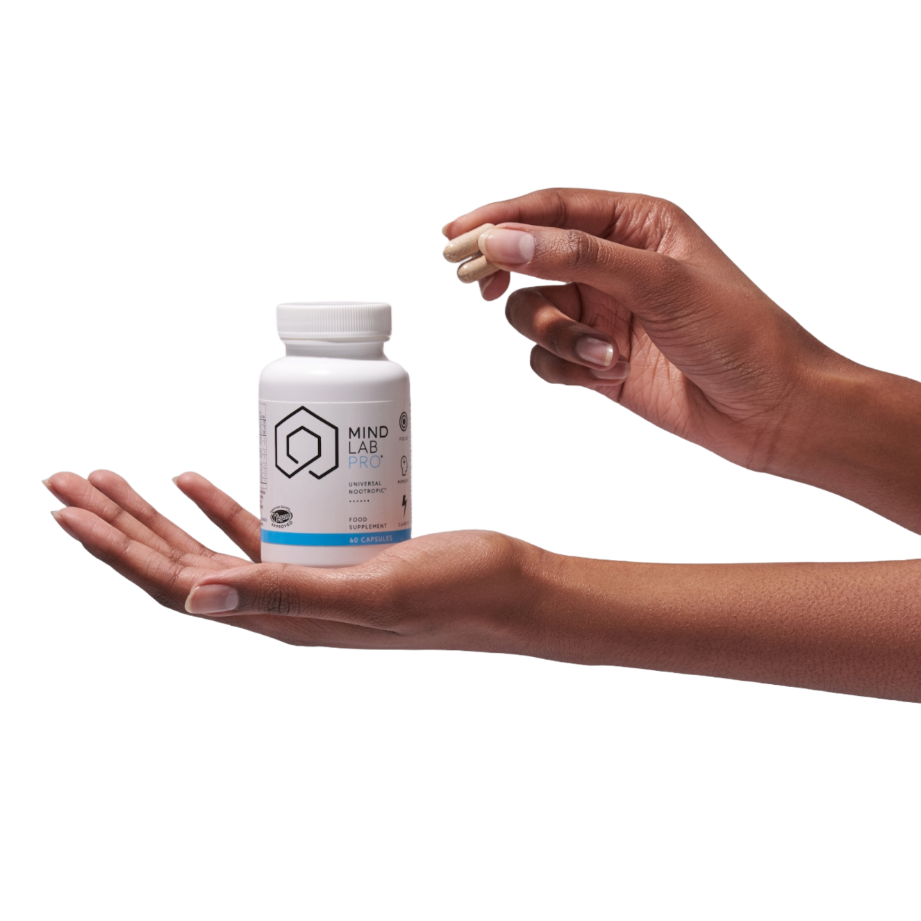 Hands holding a bottle of Mind Lab Pro